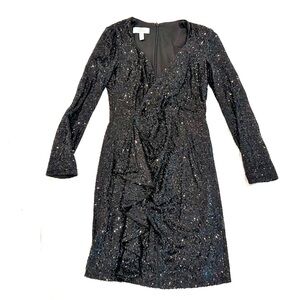 Badgley Mischka Black Glitter Long Sleeve Dress